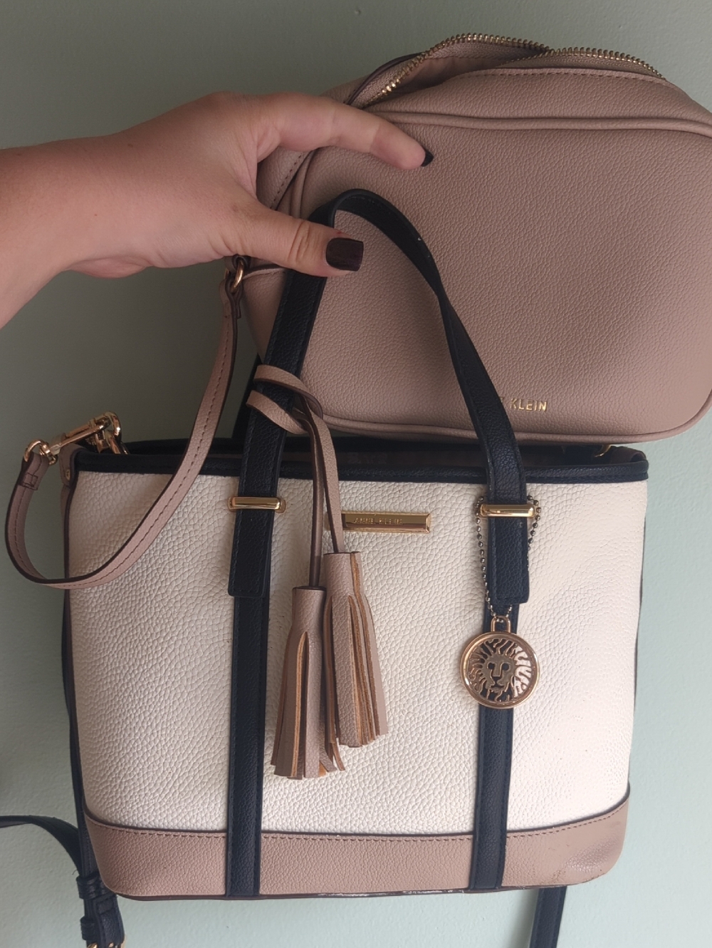 Anne Klein Cream, Beige & Black Tote with Tassel Charm